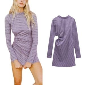 NWT Zara Women’s Lilac Purple Jacquard Mock Neck Long Sleeve Cutout Mini Dress